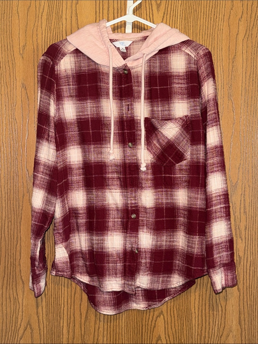 Time and Tru Burgundy & Pink Plaid Hooded Button-Up